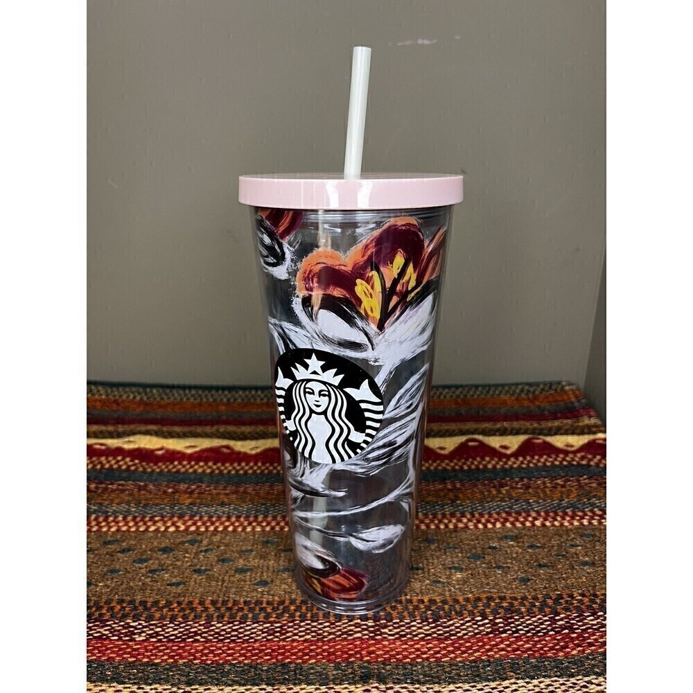 2019 Starbucks Peony Flower Floral Tumbler Venti Cold Cup 24 oz Pink Lid & Straw